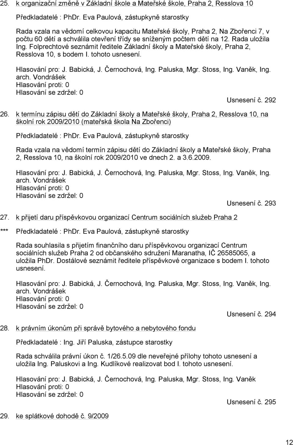 Rada uložila Ing. Folprechtové seznámit ředitele Základní školy a Mateřské školy, Praha 2, Resslova 10, s bodem I. tohoto usnesení. Hlasování pro: J. Babická, J. Černochová, Ing. Paluska, Mgr.