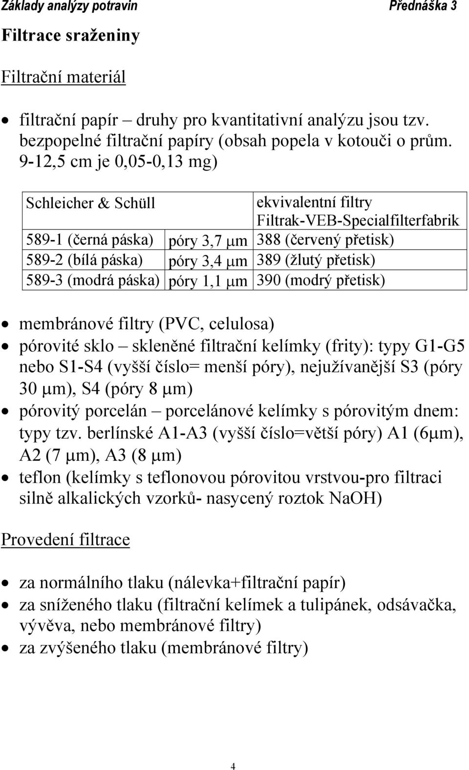 přetisk) 589-3 (modrá páska) póry 1,1 µm 390 (modrý přetisk) membránové filtry (PVC, celulosa) pórovité sklo skleněné filtrační kelímky (frity): typy G1-G5 nebo S1-S4 (vyšší číslo= menší póry),