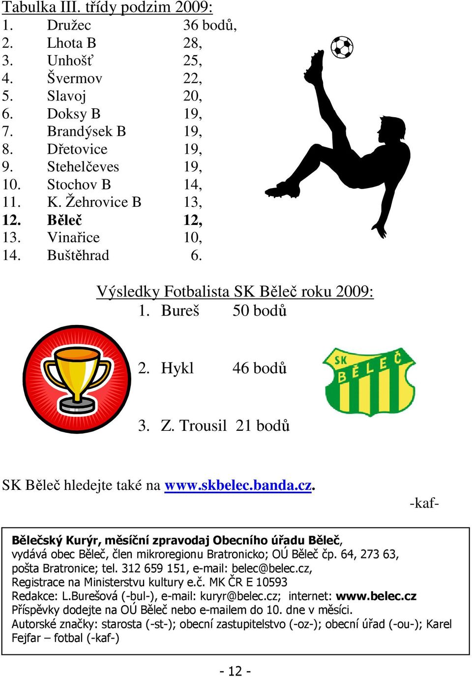 banda.cz. -kaf- Bělečský Kurýr, měsíční zpravodaj Obecního úřadu Běleč, vydává obec Běleč, člen mikroregionu Bratronicko; OÚ Běleč čp. 64, 273 63, pošta Bratronice; tel.