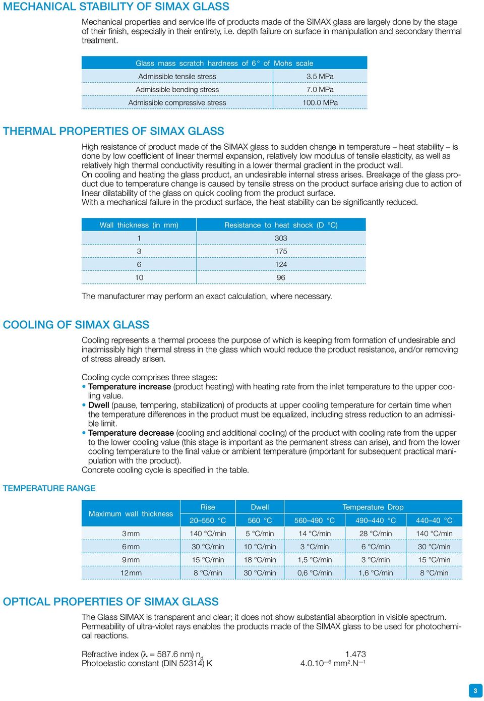 0 MPa THERMAL PROPERTIES OF SIMAX GLASS High resistance of product made of the SIMAX glass to sudden change in temperature heat stability is done by low coefficient of linear thermal expansion,