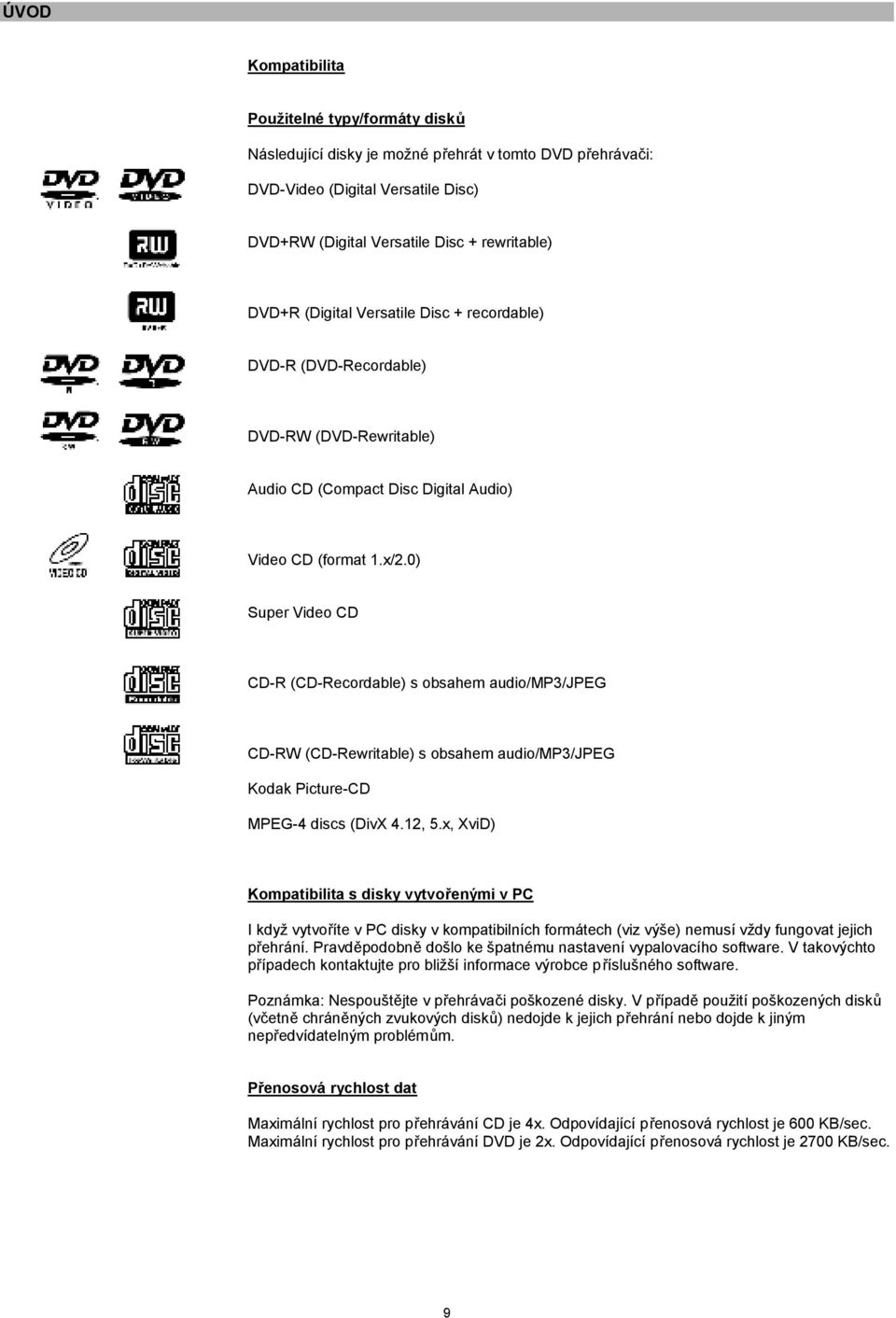 0) Super Video CD CD-R (CD-Recordable) s obsahem audio/mp3/jpeg CD-RW (CD-Rewritable) s obsahem audio/mp3/jpeg Kodak Picture-CD MPEG-4 discs (DivX 4.12, 5.