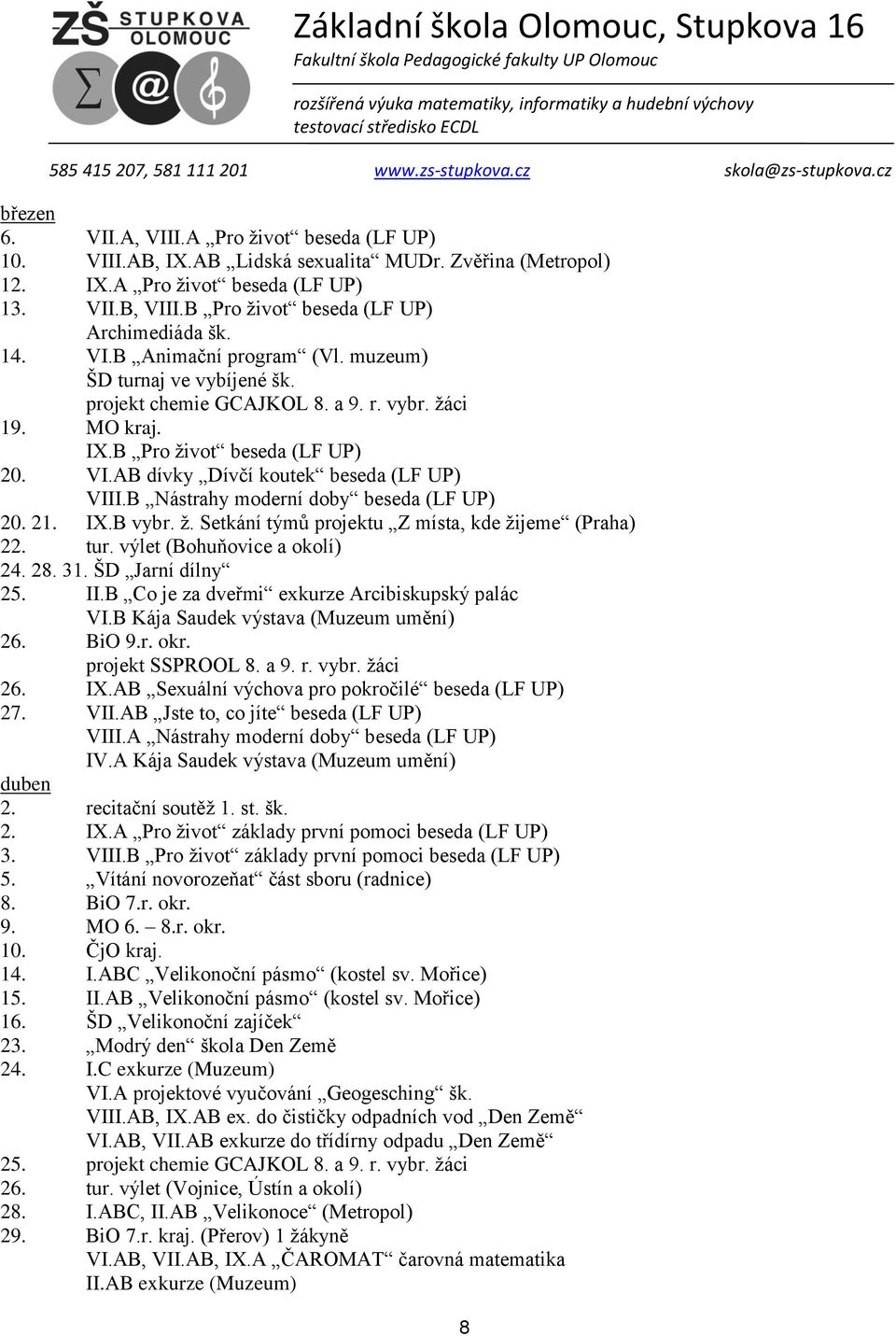 VI.AB dívky Dívčí koutek beseda (LF UP) VIII.B Nástrahy moderní doby beseda (LF UP) 20. 21. IX.B vybr. ž. Setkání týmů projektu Z místa, kde žijeme (Praha) 22. tur. výlet (Bohuňovice a okolí) 24. 28.