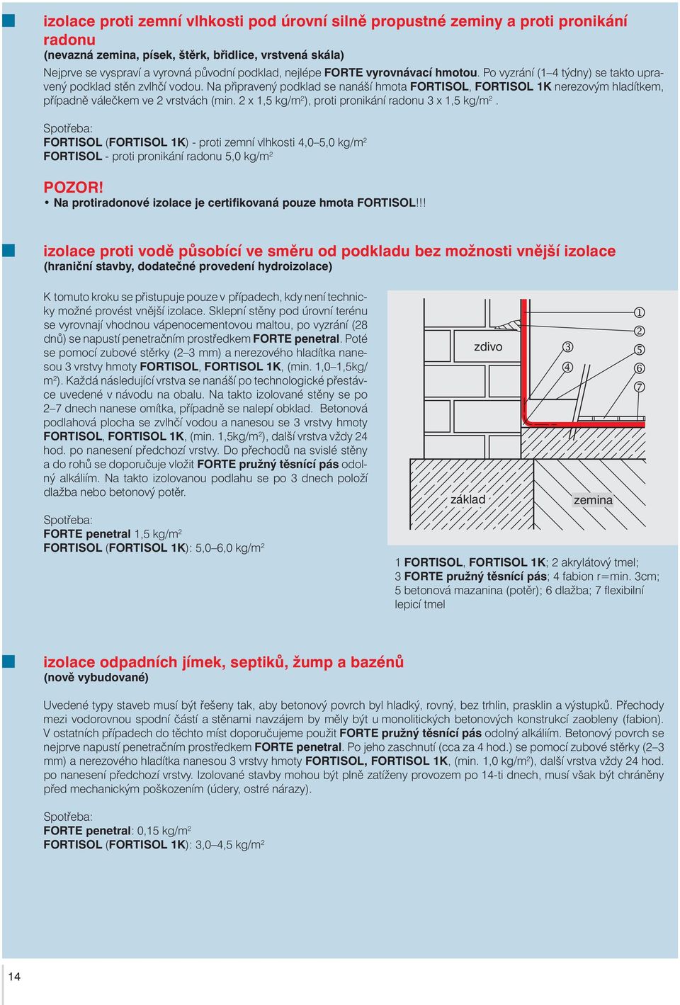 Na připravený podklad se nanáší hmota FORTISOL FORTISOL 1K nerezovým hladítkem případně válečkem ve 2 vrstvách (min. 2 x 15 kg/m 2 ) proti pronikání radonu 3 x 15 kg/m 2.