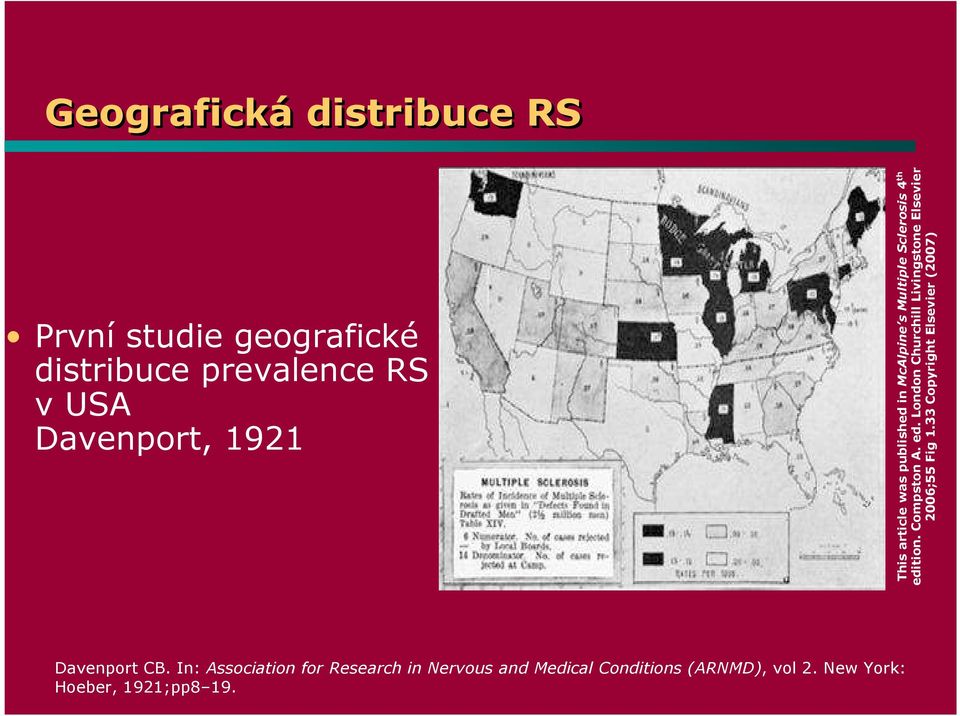 33 Copyright Elsevier (2007) První studie geografické distribuce prevalence RS v USA Davenport, 1921