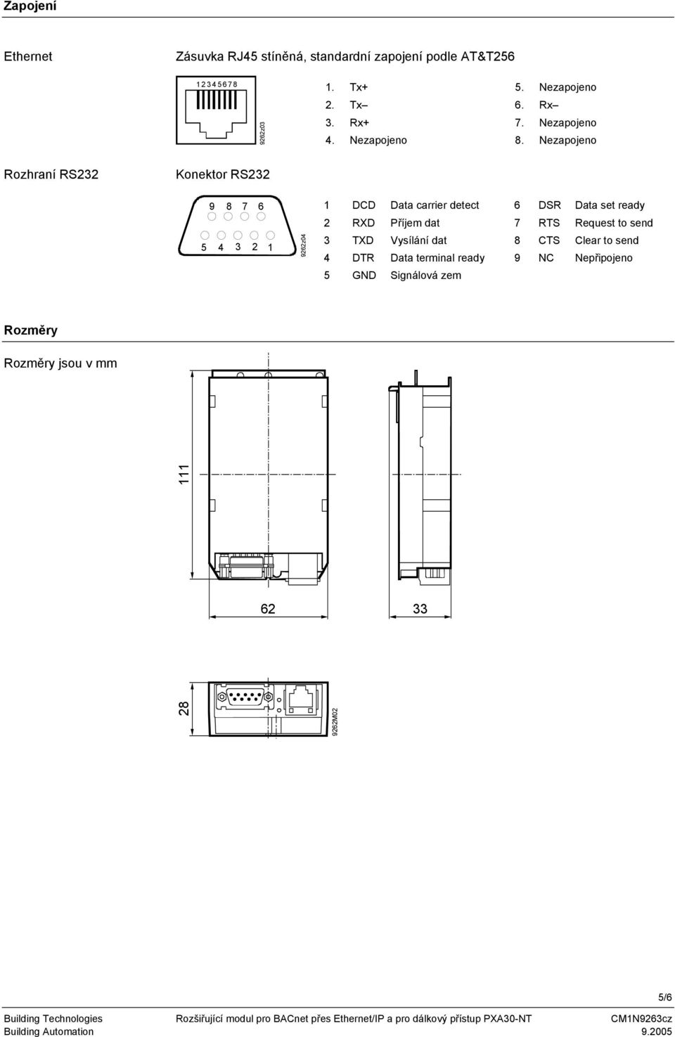 Nezapojeno Rozhraní RS232 Konektor RS232 9 8 7 6 5 4 3 2 1 9262z04 1 DCD Data carrier detect 6 DSR Data set ready 2