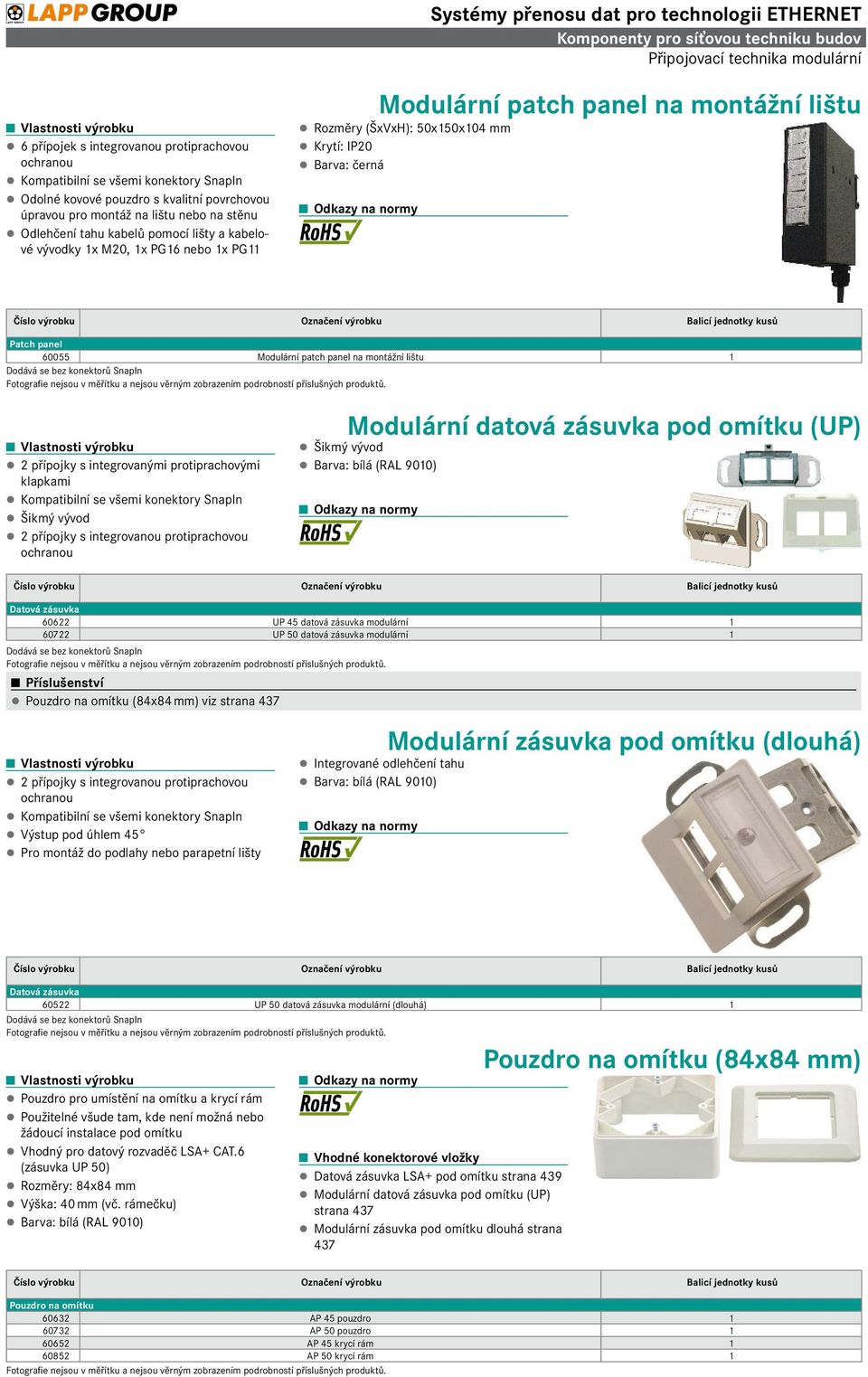 60055 Modulární patch panel na montážní lištu 1 Dodává se bez konektorů SnapIn 2 přípojky s integrovanými protiprachovými klapkami Kompatibilní se všemi konektory SnapIn Šikmý vývod 2 přípojky s