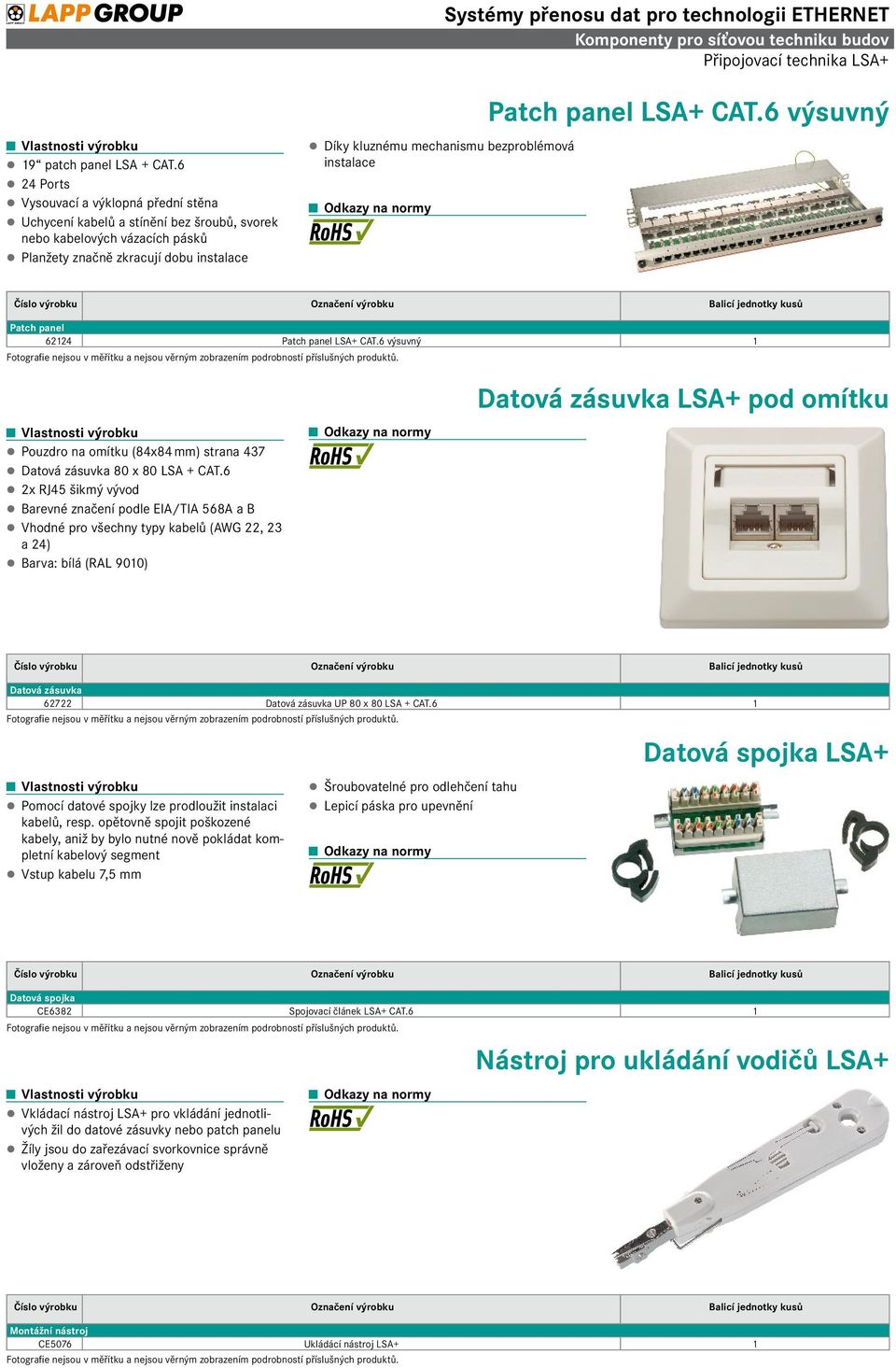 instalace Patch panel 62124 Patch panel LSA+ CAT.6 výsuvný 1 Datová zásuvka LSA+ pod omítku Pouzdro na omítku (84x84 mm) strana 437 Datová zásuvka 80 x 80 LSA + CAT.