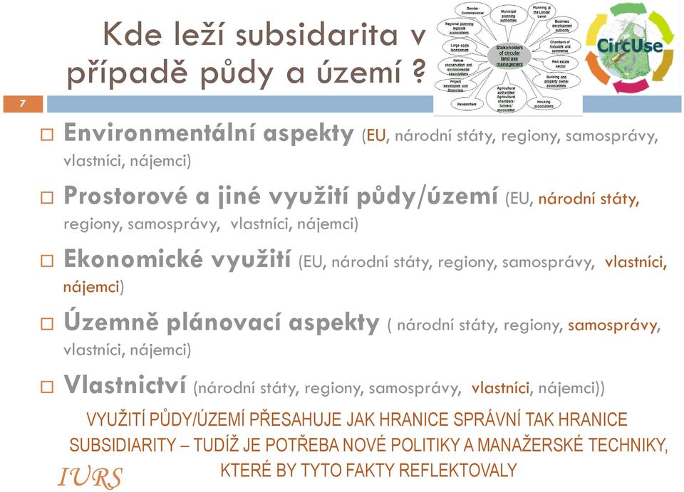 samosprávy, vlastníci, nájemci) Ekonomické využití (EU, národní státy, regiony, samosprávy, vlastníci, nájemci) Územně plánovací aspekty ( národní státy,