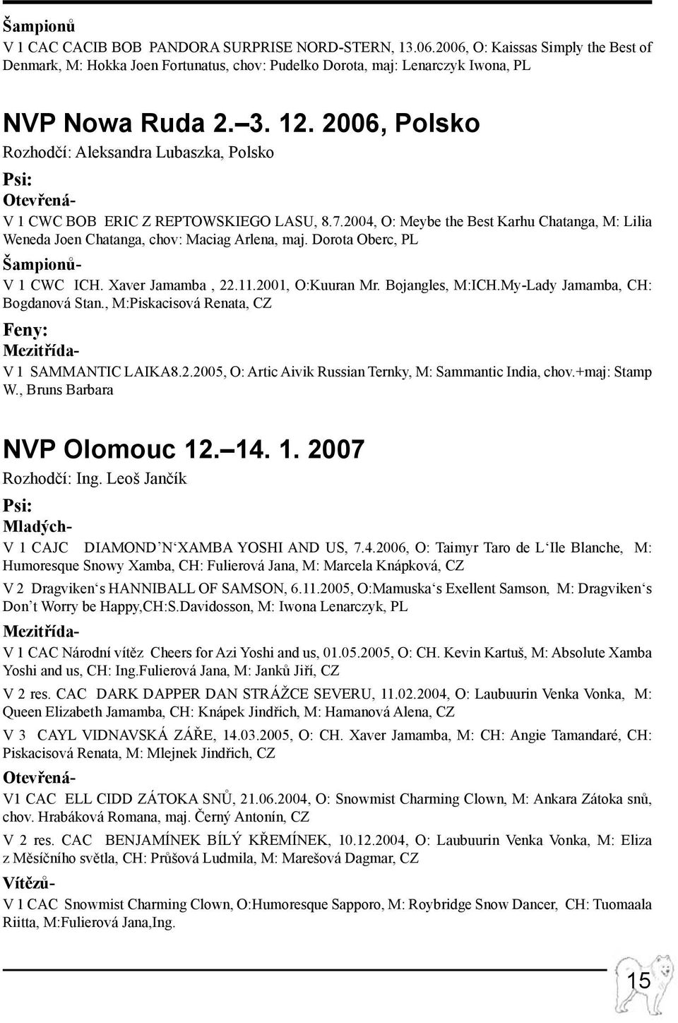 2004, O: Meybe the Best Karhu Chatanga, M: Lilia Weneda Joen Chatanga, chov: Maciag Arlena, maj. Dorota Oberc, PL Šampionů- 1 CWC ICH. Xaver Jamamba, 22.11.2001, O:Kuuran Mr. Bojangles, M:ICH.