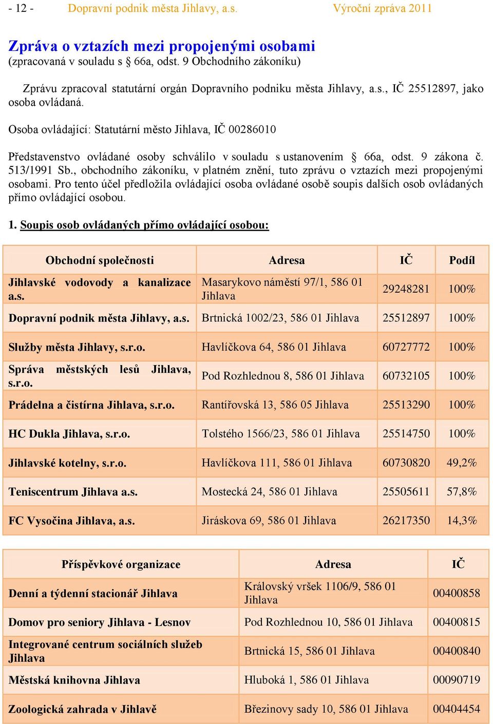 Osoba ovládající: Statutární město Jihlava, IČ 2861 Představenstvo ovládané osoby schválilo v souladu s ustanovením 66a, odst. 9 zákona č. 513/1991 Sb.