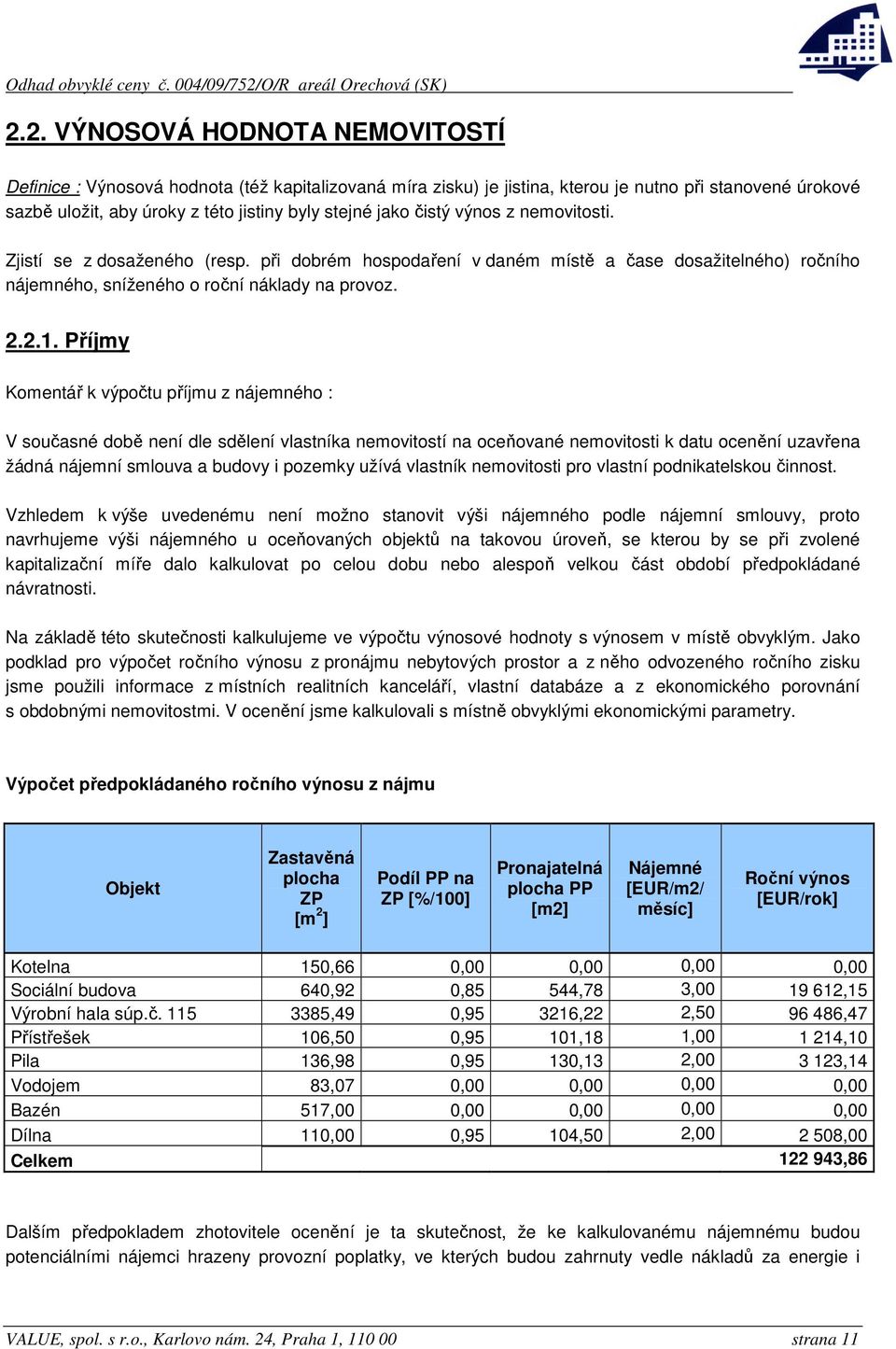 Příjmy Komentář k výpočtu příjmu z nájemného : V současné době není dle sdělení vlastníka nemovitostí na oceňované nemovitosti k datu ocenění uzavřena žádná nájemní smlouva a budovy i pozemky užívá