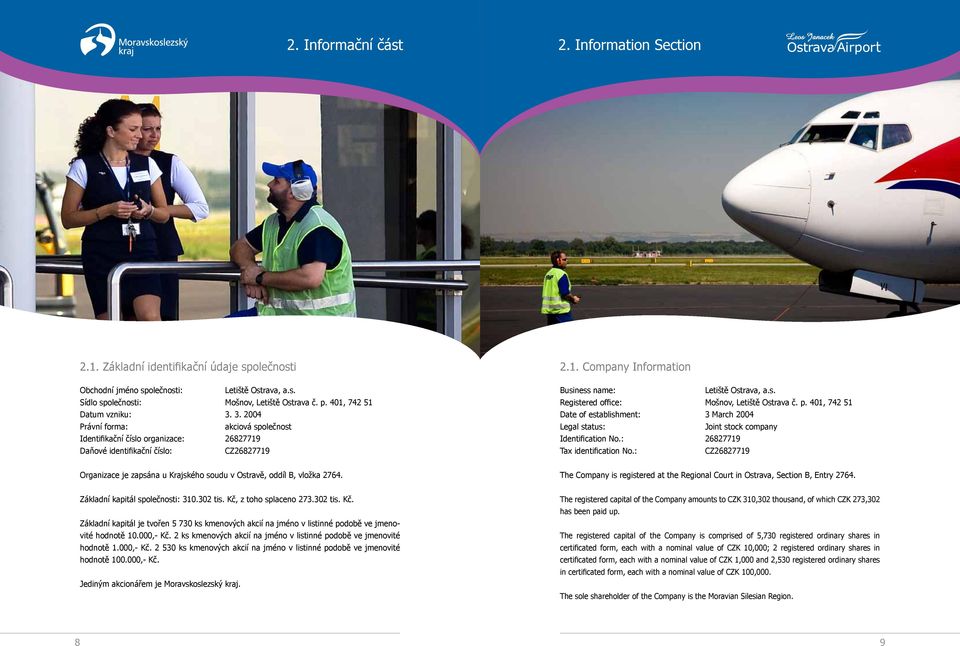 s. Registered office: Mošnov, Letiště Ostrava č. p. 401, 742 51 Date of establishment: 3 March 2004 Legal status: Joint stock company Identification No.: 26827719 Tax identification No.
