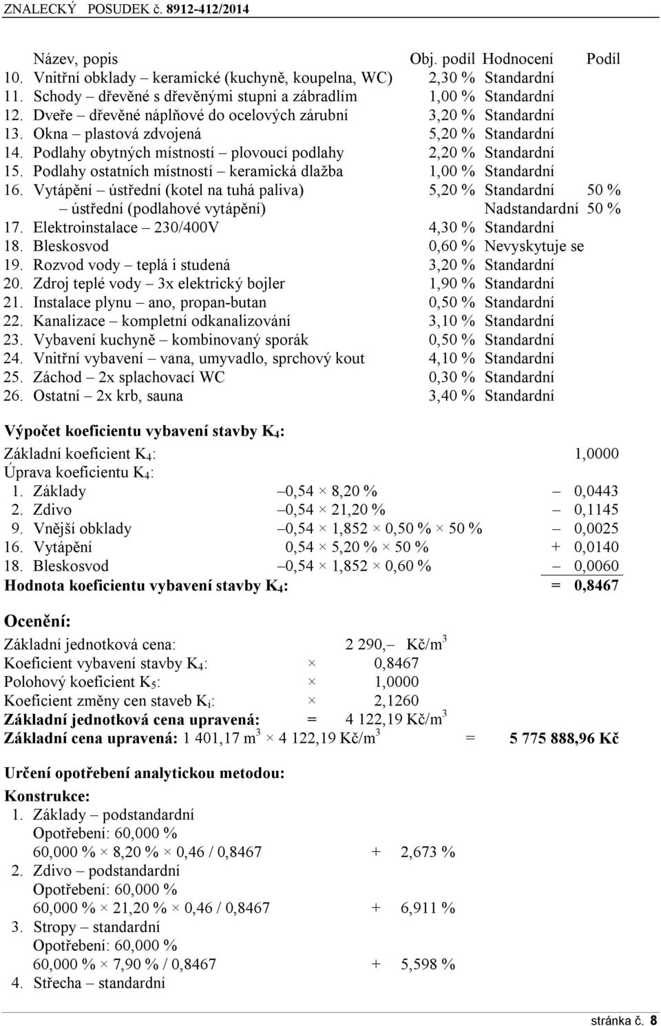 Podlahy ostatních místností keramická dlažba 1,00 % Standardní 16. Vytápění ústřední (kotel na tuhá paliva) 5,20 % Standardní 50 % ústřední (podlahové vytápění) Nadstandardní 50 % 17.