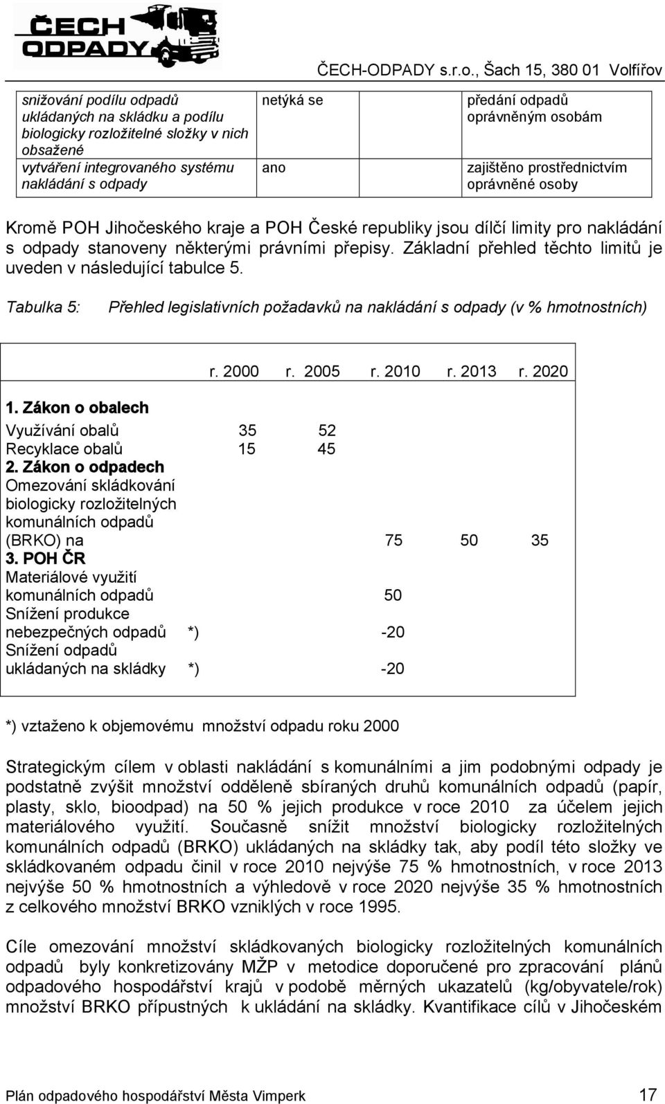 Základní přehled těchto limitů je uveden v následující tabulce 5. Tabulka 5: Přehled legislativních požadavků na nakládání s odpady (v % hmotnostních) r. 2000 r. 2005 r. 2010 r. 2013 r. 2020 1.