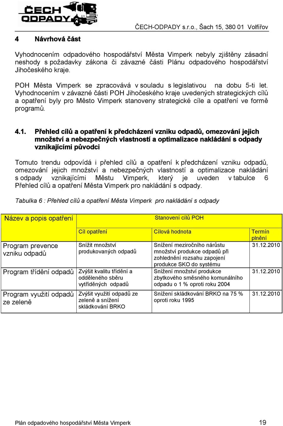 Vyhodnocením v závazné části POH Jihočeského kraje uvedených strategických cílů a opatření byly pro Město Vimperk stanoveny strategické cíle a opatření ve formě programů. 4.1.