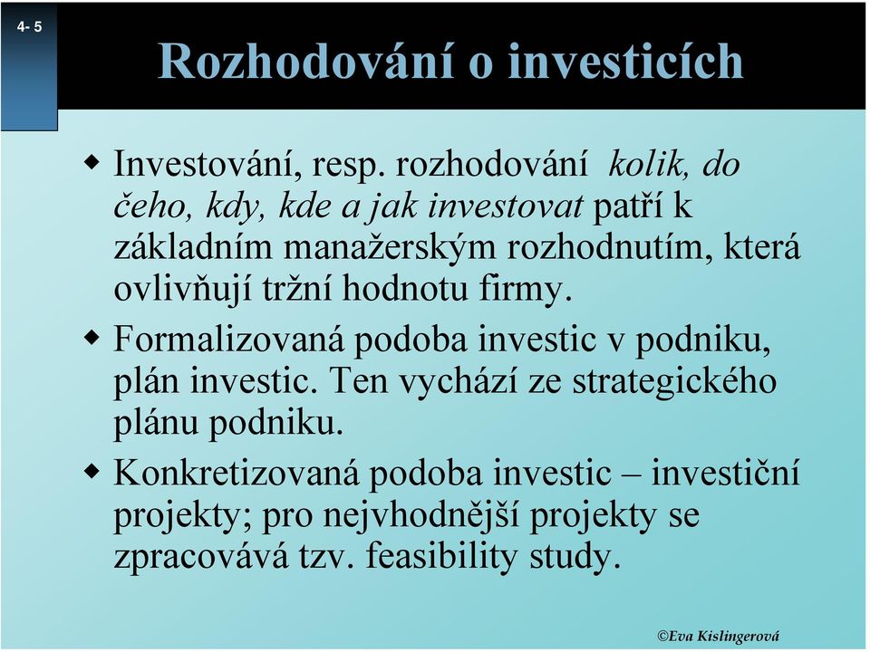 která ovlivňují tržní hodnotu firmy. Formalizovaná podoba investic v podniku, plán investic.