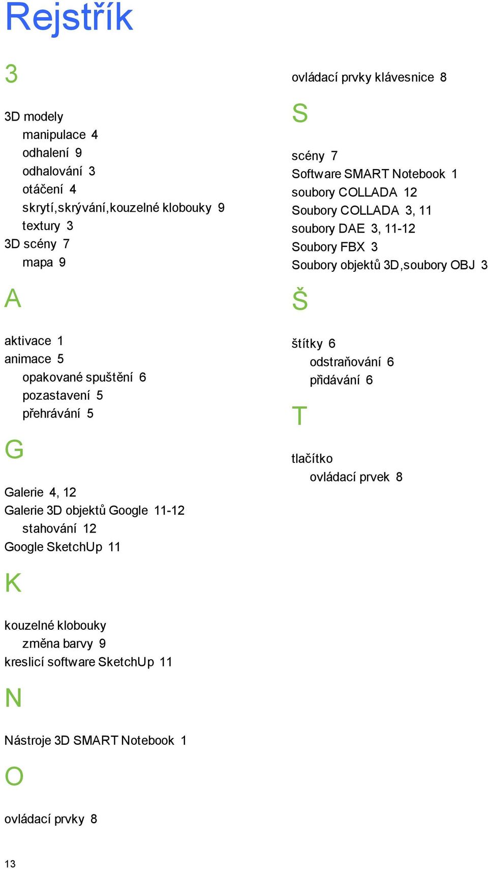 scény 7 Software SMART Notebook 1 soubory COLLADA 12 Soubory COLLADA 3, 11 soubory DAE 3, 11-12 Soubory FBX 3 Soubory objektů 3D,soubory OBJ 3 Š štítky 6