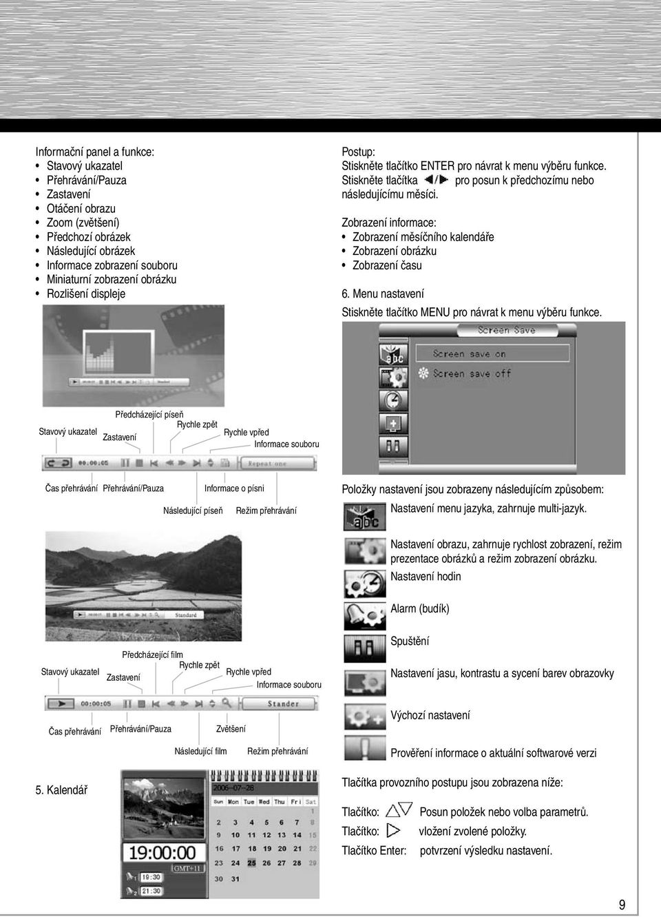 Zobrazení informace: Zobrazení měsíčního kalendáře Zobrazení obrázku Zobrazení času 6. Menu nastavení Stiskněte tlačítko MENU pro návrat k menu výběru funkce.