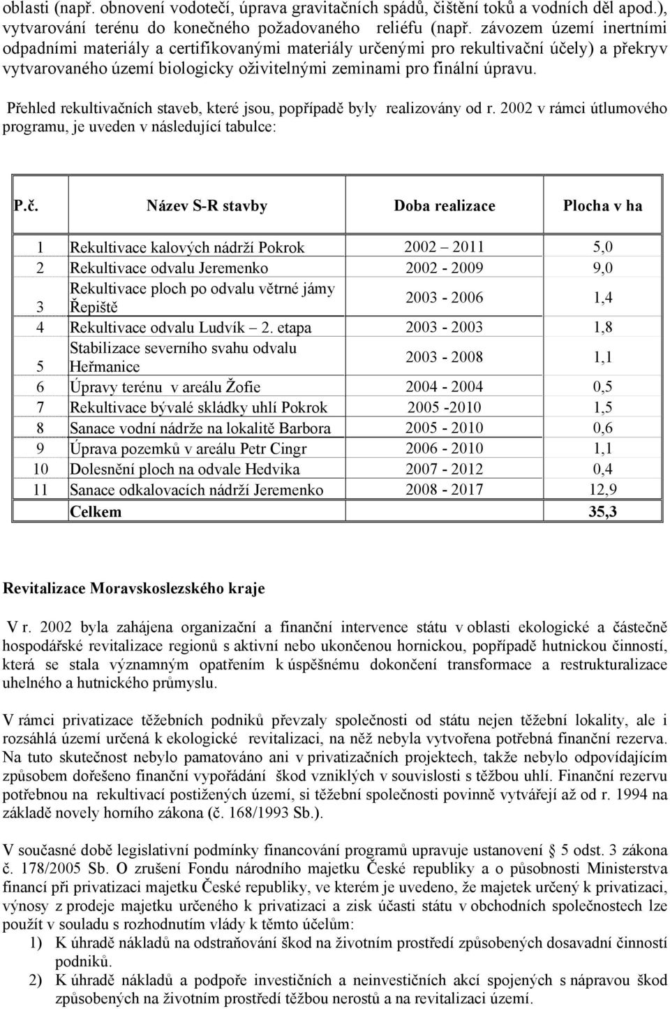 Přehled rekultivačn