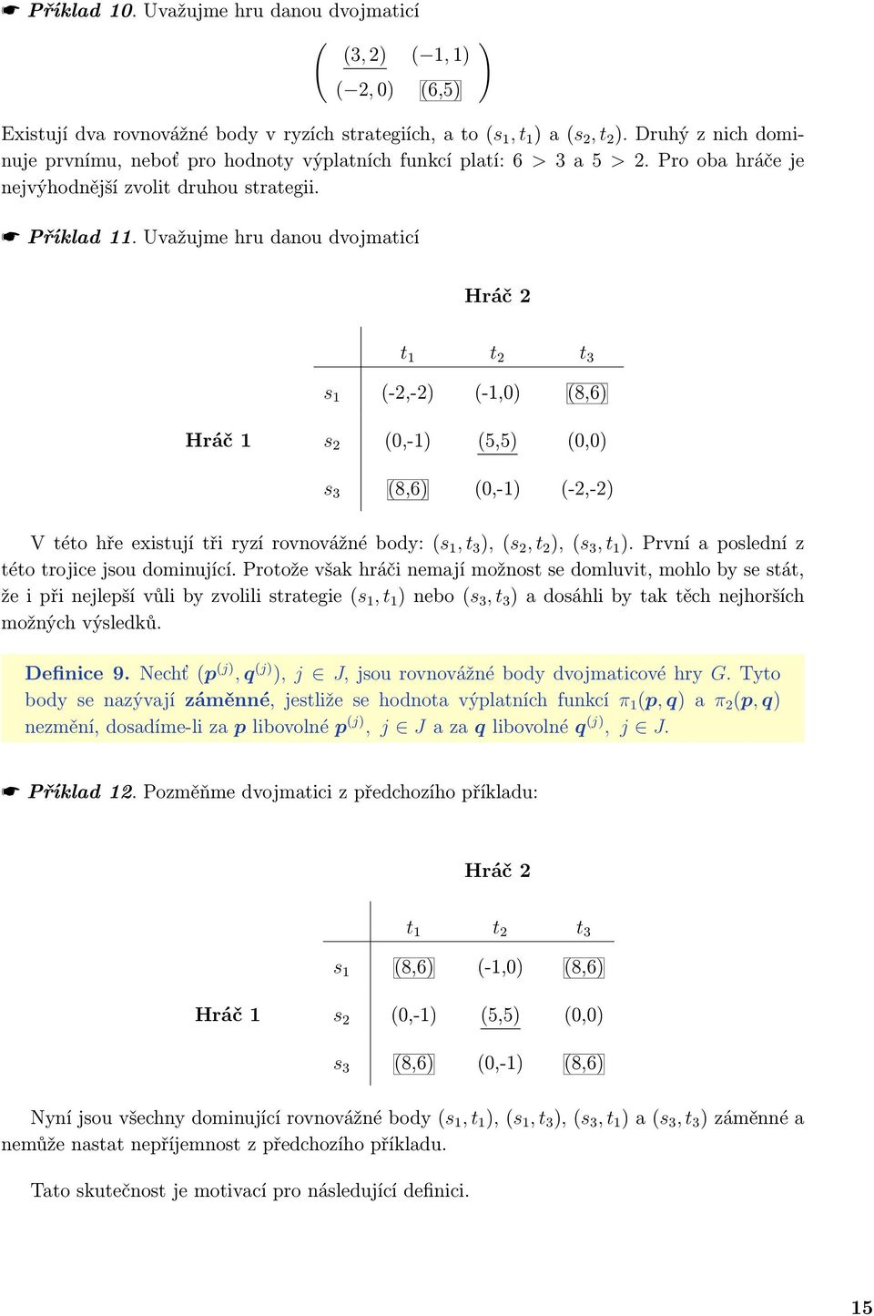 Uvažujme hru danou dvojmaticí ) Hráč 2 t 1 t 2 t 3 s 1 (-2,-2) (-1,0) (8,6) Hráč 1 s 2 (0,-1) (5,5) (0,0) s 3 (8,6) (0,-1) (-2,-2) V této hře existují tři ryzí rovnovážné body: (s 1, t 3 ), (s 2, t 2