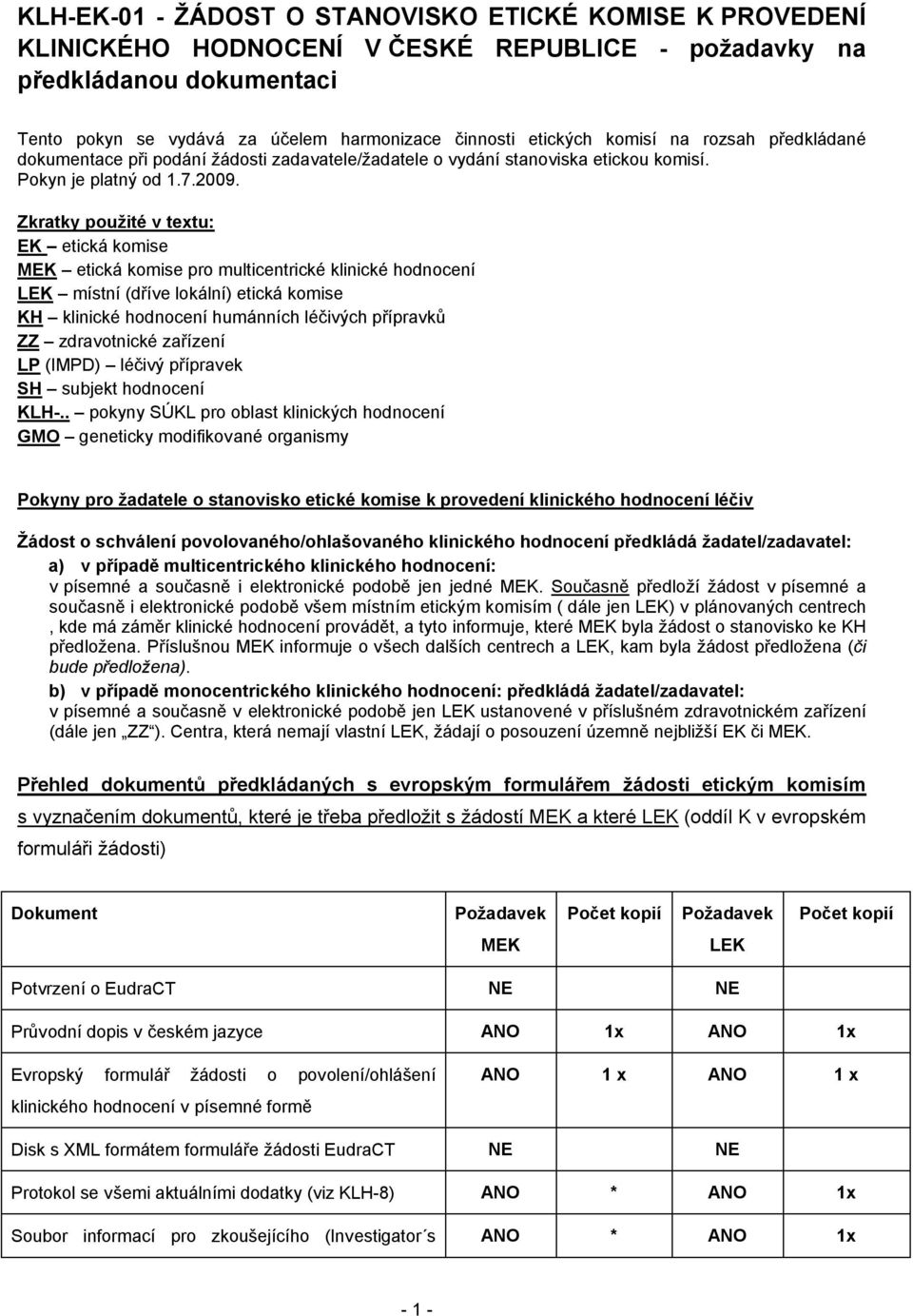 Zkratky použité v textu: EK etická komise MEK etická komise pro multicentrické klinické hodnocení LEK místní (dříve lokální) etická komise KH klinické hodnocení humánních léčivých přípravků ZZ