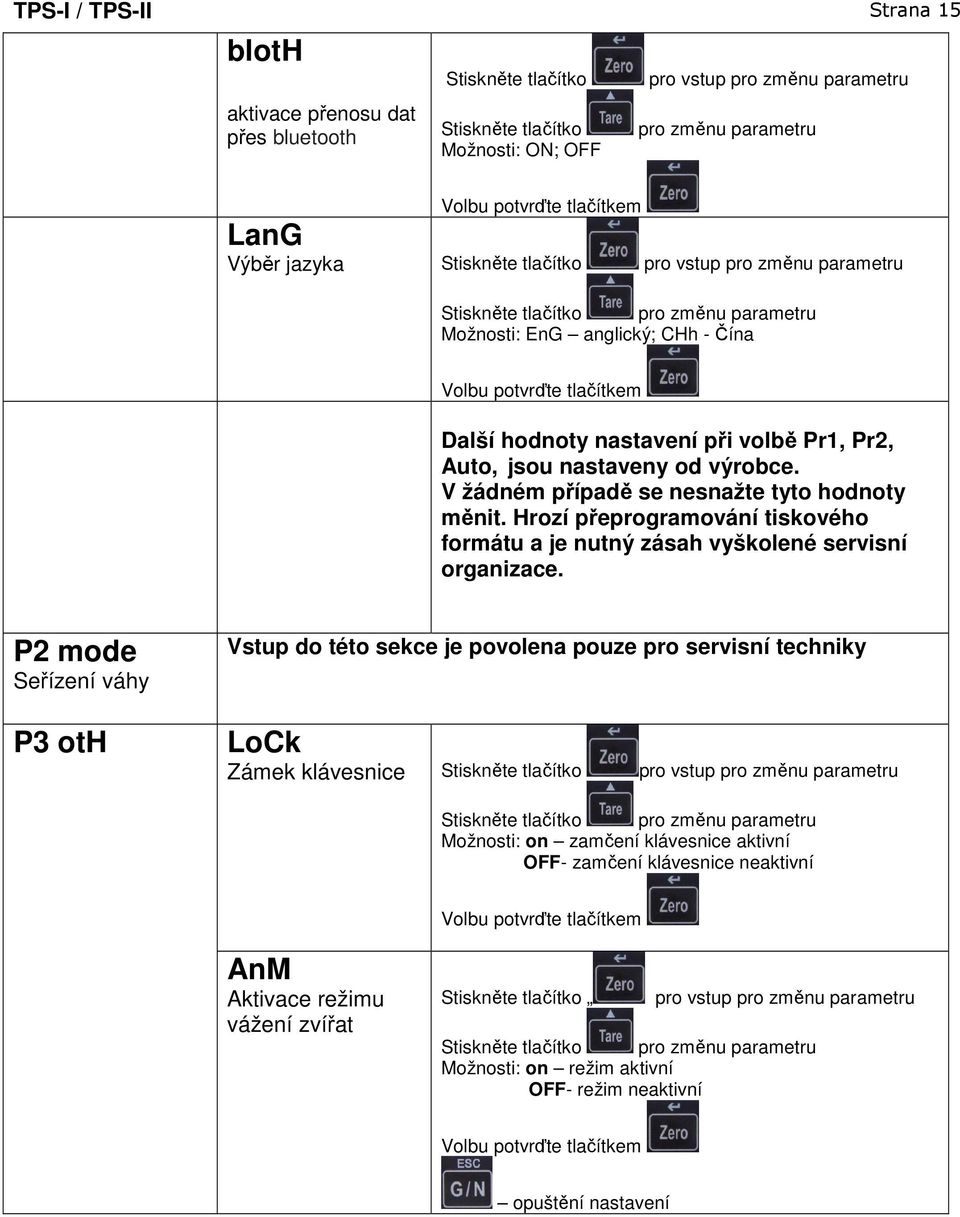 V žádném případě se nesnažte tyto hodnoty měnit. Hrozí přeprogramování tiskového formátu a je nutný zásah vyškolené servisní organizace.