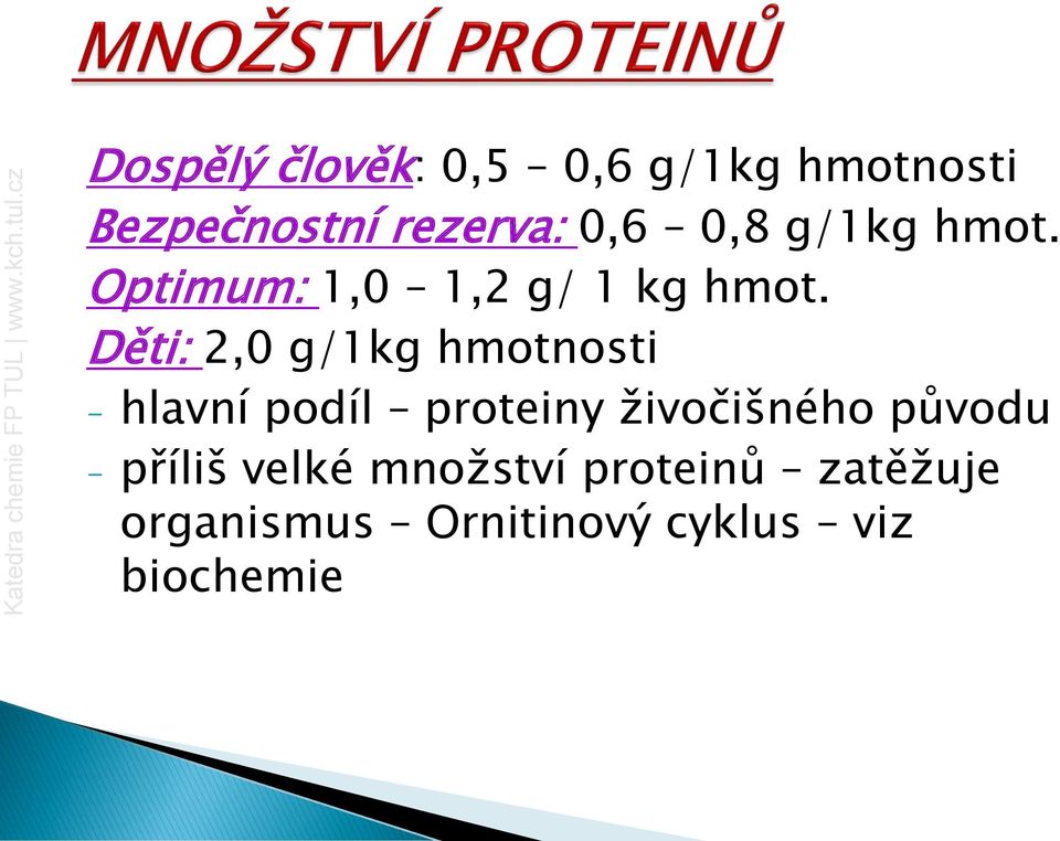 Děti: 2,0 g/1kg hmotnosti - hlavní podíl proteiny živočišného