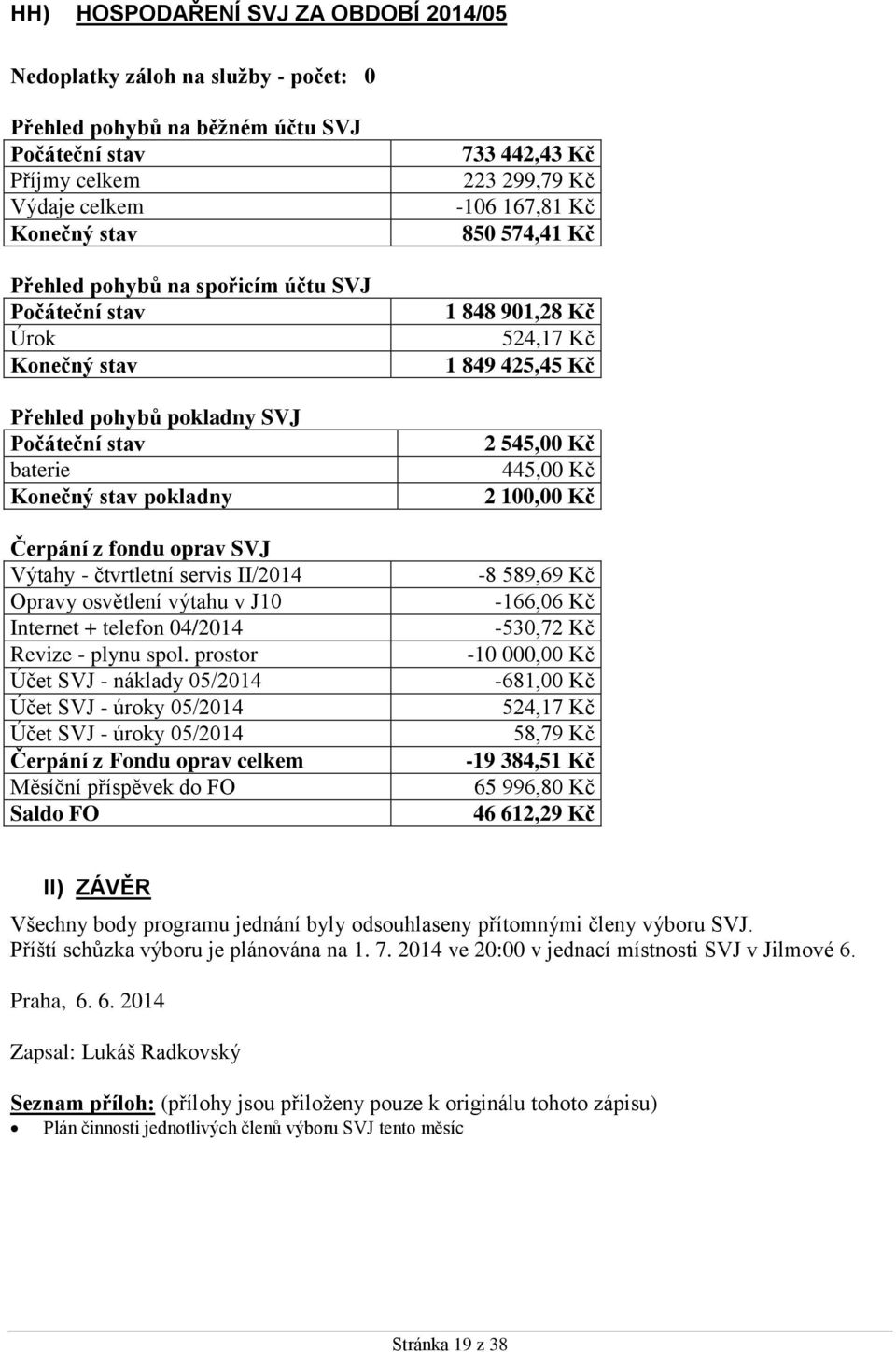 prostor Účet SVJ - náklady 05/2014 Účet SVJ - úroky 05/2014 Účet SVJ - úroky 05/2014 Čerpání z Fondu oprav celkem Měsíční příspěvek do FO Saldo FO 733 442,43 Kč 223 299,79 Kč -106 167,81 Kč 850