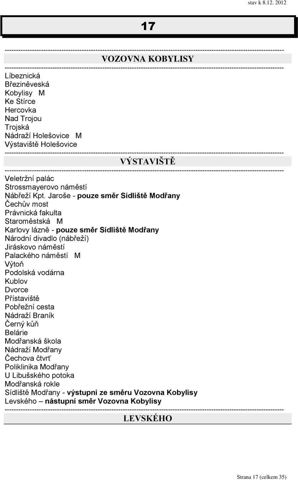 Jaroše - pouze směr Sídliště Modřany Čechův most Právnická fakulta Staroměstská M Karlovy lázně - pouze směr Sídliště Modřany Národní divadlo (nábřeţí) Jiráskovo náměstí