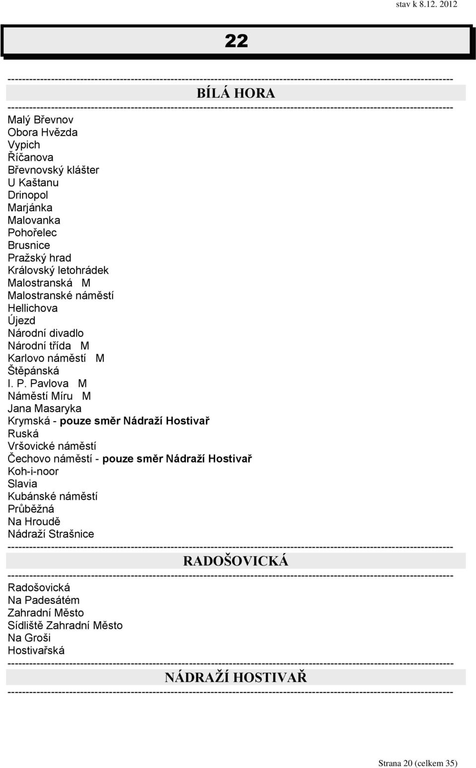 Pavlova M Náměstí Míru M Jana Masaryka Krymská - pouze směr Nádraží Hostivař Ruská Vršovické náměstí Čechovo náměstí - pouze směr Nádraží Hostivař Koh-i-noor