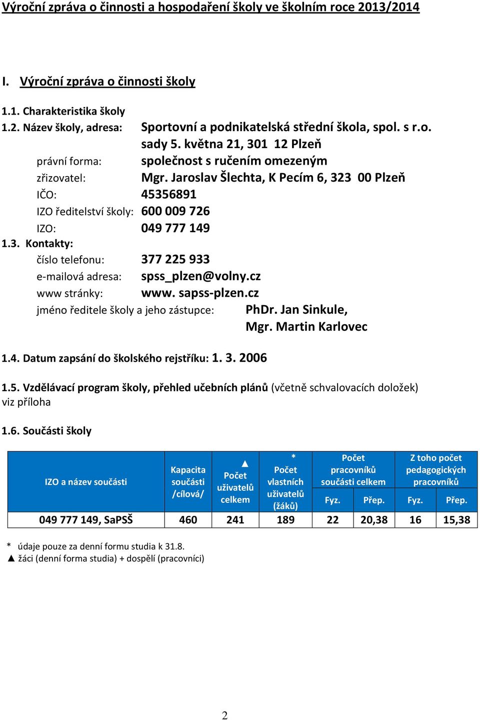 cz www stránky: jméno ředitele školy a jeho zástupce: Mgr. Jaroslav Šlechta, K Pecím 6, 323 00 Plzeň www. sapss-plzen.cz 1.4. Datum zapsání do školského rejstříku: 1. 3. 2006 PhDr. Jan Sinkule, Mgr.