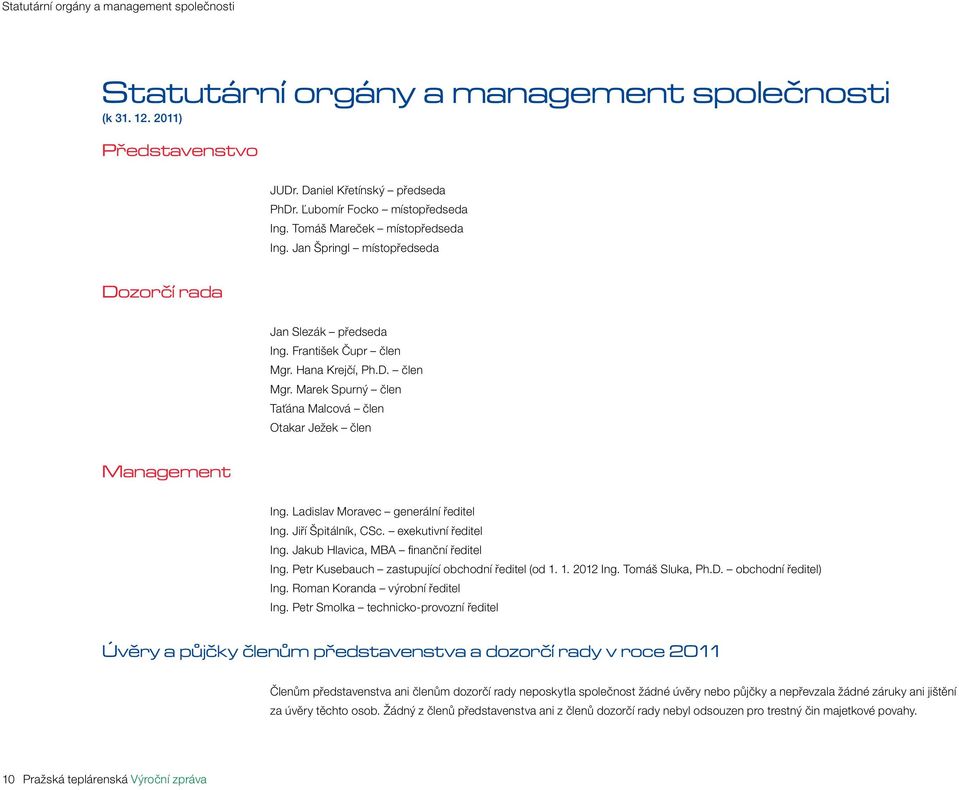 Ladislav Moravec generální ředitel Ing. Jiří Špitálník, CSc. exekutivní ředitel Ing. Jakub Hlavica, MBA finanční ředitel Ing. Petr Kusebauch zastupující obchodní ředitel (od 1. 1. 2012 Ing.