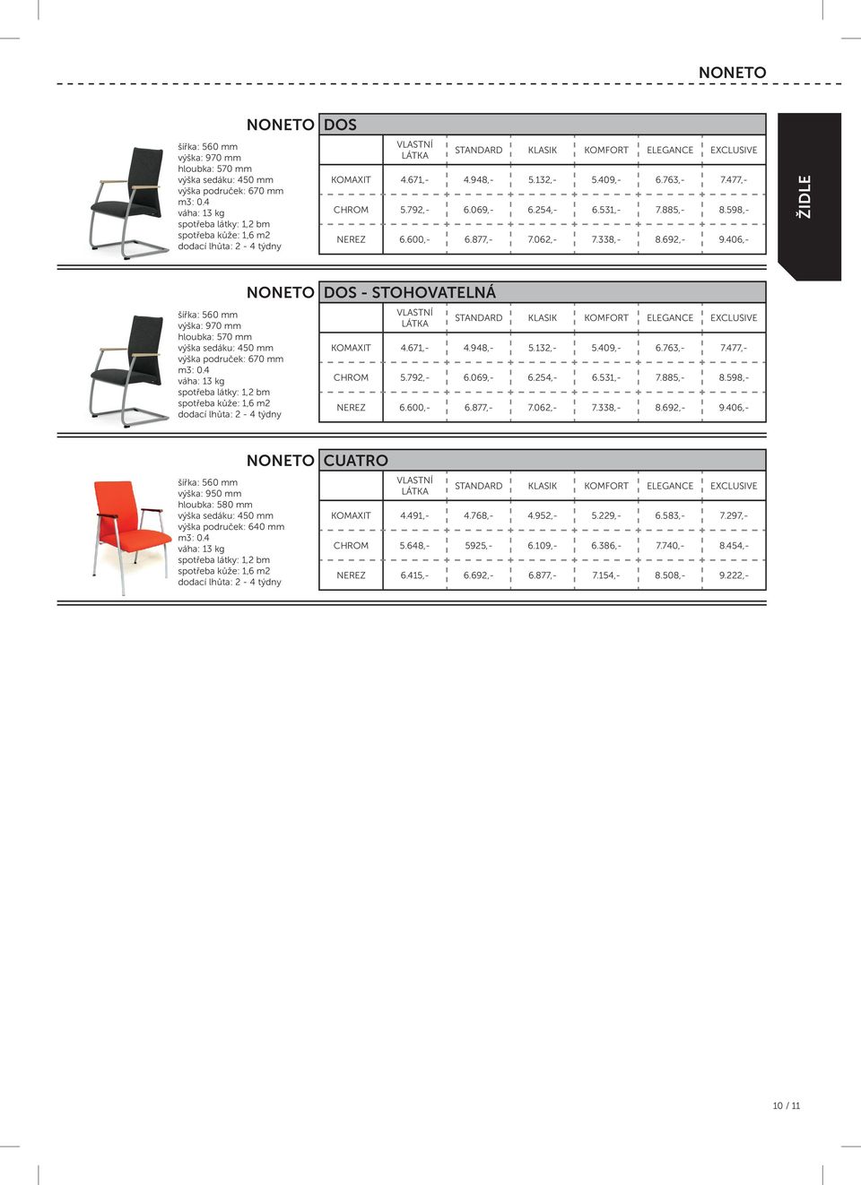 406,- ŽIDLE NONETO šířka: 560 mm výška: 970 mm hloubka: 570 mm výška sedáku: 450 mm výška područek: 670 mm váha: 13 kg spotřeba kůže: 1,6 m2 DOS - STOHOVATELNÁ KOMAXIT 4.671,- 4.948,- 5.132,- 5.