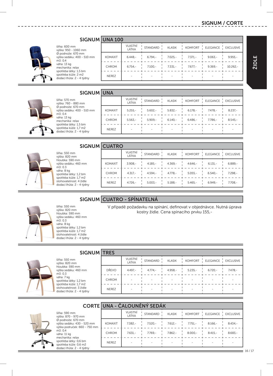 262,- ŽIDLE SIGNUM šířka: 570 mm výška: 760-880 mm výška sedáku: 400-510 mm váha: 13 kg mechanika: relax spotřeba látky: 1,5 bm spotřeba kůže: 1,7 m2 UNA KOMAXIT 5.255,- 5.602,- 5.832,- 6.178,- 7.