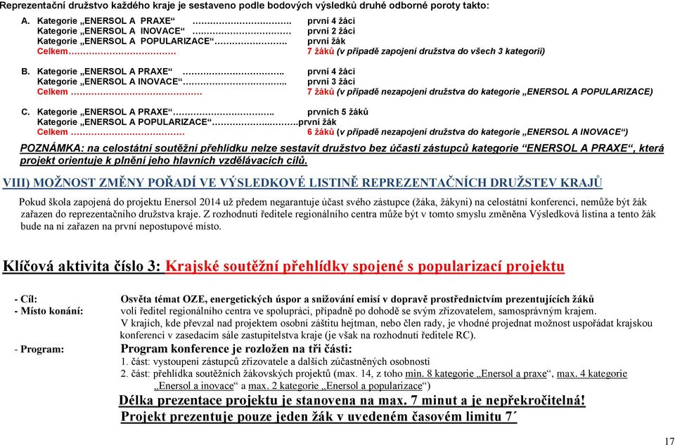 .. první 3 žáci Celkem 7 žáků (v případě nezapojení družstva do kategorie ENERSOL A POPULARIZACE) C. Kategorie ENERSOL A PRAXE.. prvních 5 žáků Kategorie ENERSOL A POPULARIZACE.