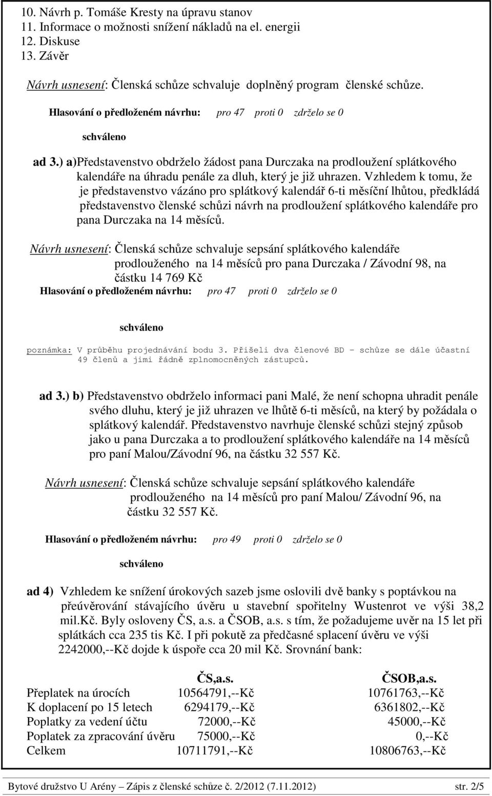 Vzhledem k tomu, že je představenstvo vázáno pro splátkový kalendář 6-ti měsíční lhůtou, předkládá představenstvo členské schůzi návrh na prodloužení splátkového kalendáře pro pana Durczaka na 14