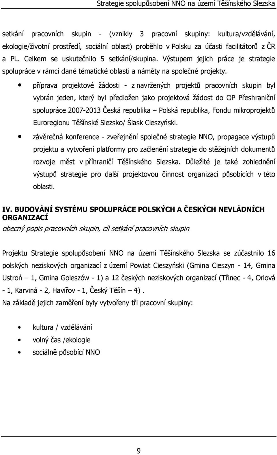 příprava projektové žádosti - z navržených projektů pracovních skupin byl vybrán jeden, který byl předložen jako projektová žádost do OP Přeshraniční spolupráce 2007-2013 Česká republika Polská