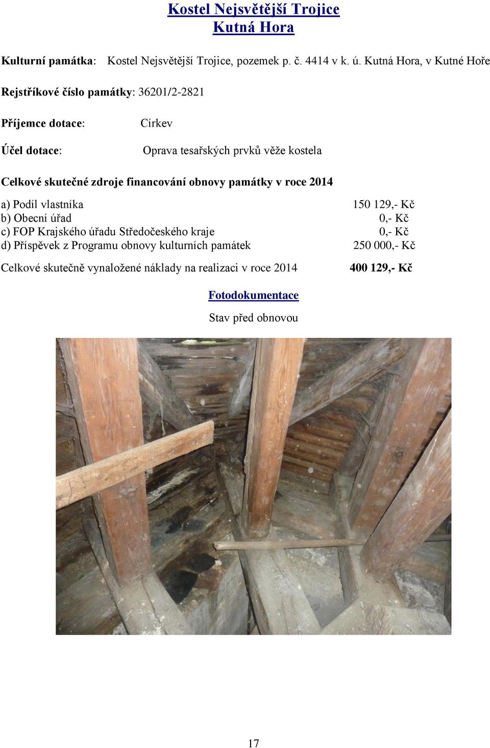 skutečné zdroje financování obnovy památky v roce 2014 a) Podíl vlastníka 150 129,- Kč b) Obecní úřad 0,- Kč c) FOP Krajského úřadu Středočeského