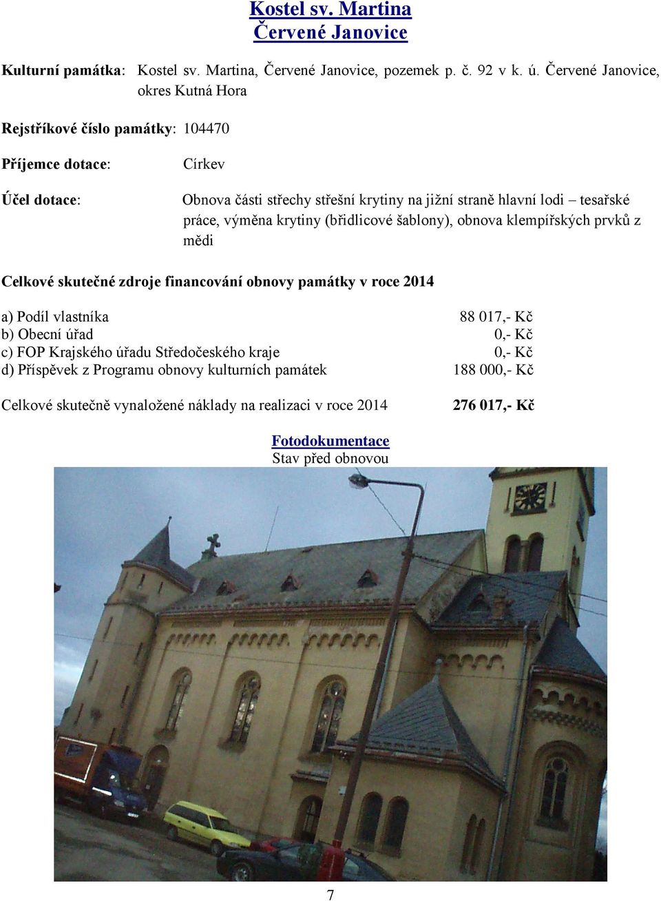 tesařské práce, výměna krytiny (břidlicové šablony), obnova klempířských prvků z mědi Celkové skutečné zdroje financování obnovy památky v roce 2014 a) Podíl vlastníka 88 017,-
