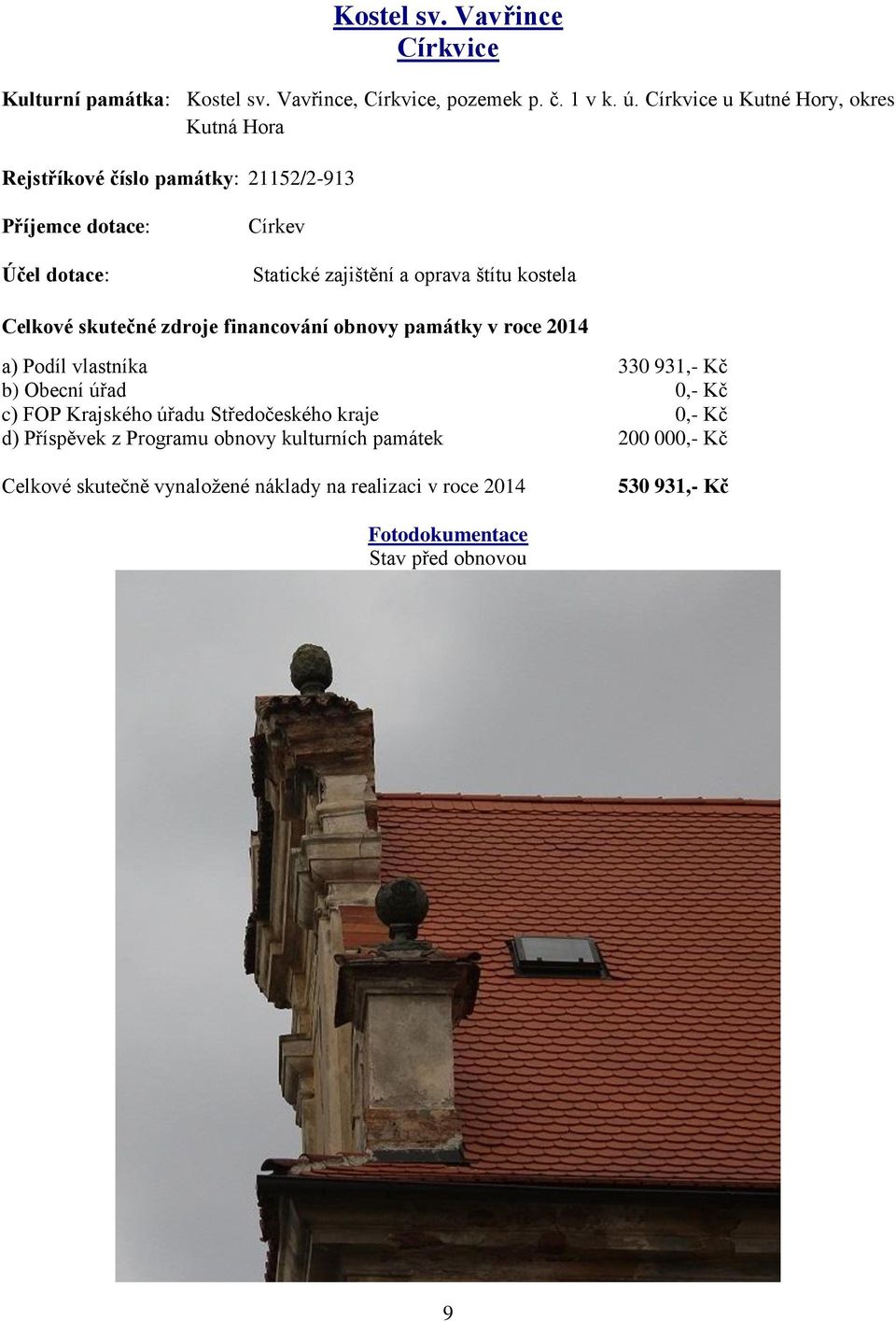 kostela Celkové skutečné zdroje financování obnovy památky v roce 2014 a) Podíl vlastníka 330 931,- Kč b) Obecní úřad 0,- Kč c) FOP Krajského úřadu