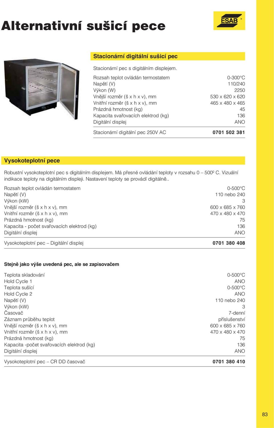 svařovacích elektrod (kg) 136 Digitální displej Stacionární digitální pec 250V AC 0701 502 381 Vysokoteplotní pece Robustní vysokoteplotní pec s digitálním displejem.