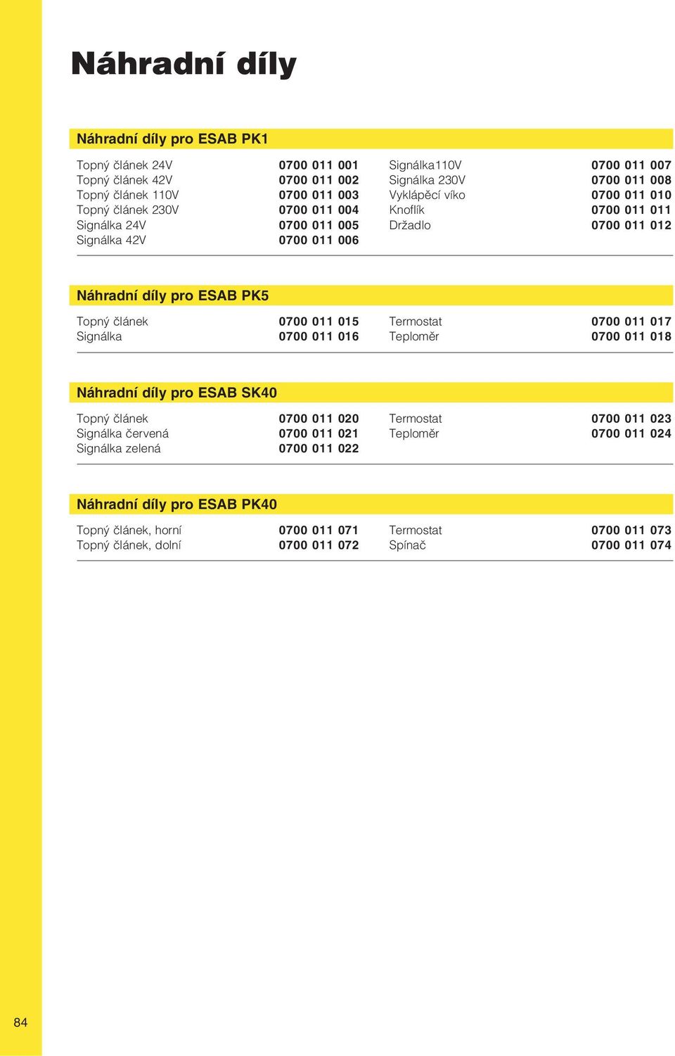 0700 011 015 Signálka 0700 011 016 Termostat 0700 011 017 Teploměr 0700 011 018 Náhradní díly pro ESAB SK40 Topný článek 0700 011 020 Signálka červená 0700 011 021 Signálka zelená 0700 011