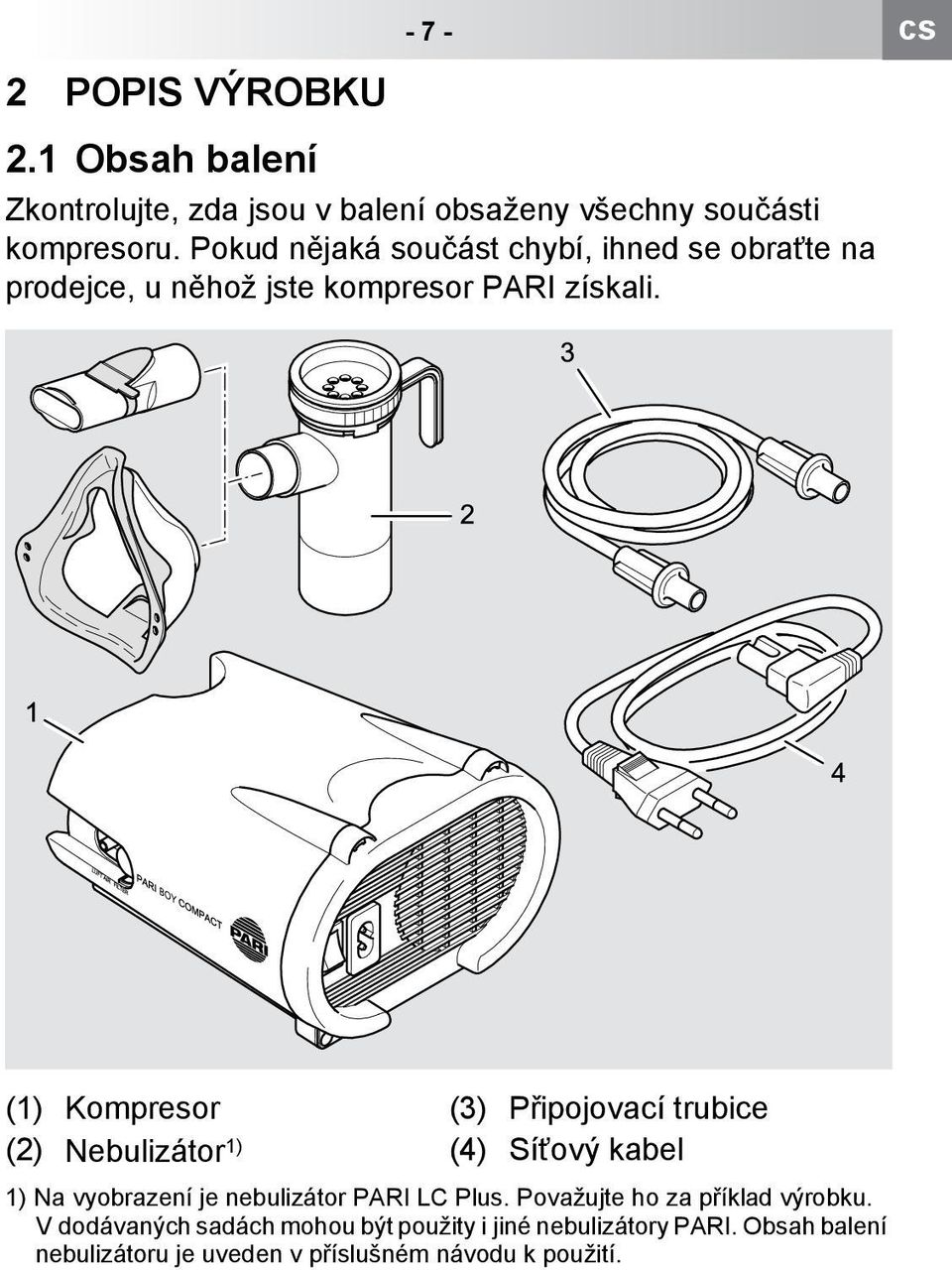 (1) Kompresor (3) Připojovací trubice (2) Nebulizátor 1) (4) Síťový kabel 1) Na vyobrazení je nebulizátor PARI LC Plus.