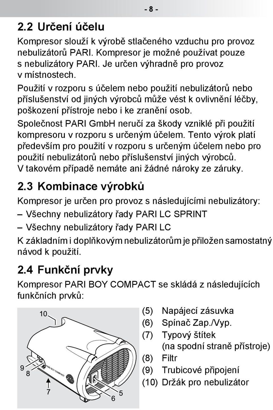 Společnost PARI GmbH neručí za škody vzniklé při použití kompresoru v rozporu s určeným účelem.