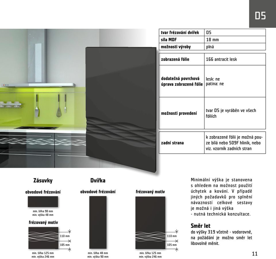 výška 48 mm Dvířka 110 mm 110 mm 105 mm 105 mm Minimální výška je stanovena s ohledem na možnost použití úchytek a kování.