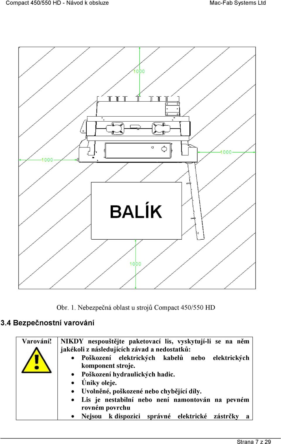 elektrických kabelů nebo elektrických komponent stroje. Poškození hydraulických hadic. Úniky oleje.