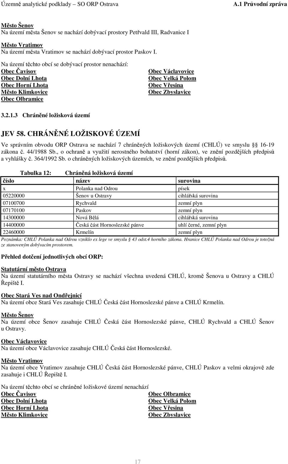 3 Chráněné ložisková území JEV 58. CHRÁNĚNÉ LOŽISKOVÉ ÚZEMÍ Ve správním obvodu ORP Ostrava se nachází 7 chráněných ložiskových území (CHLÚ) ve smyslu 16-19 zákona č. 44/1988 Sb.