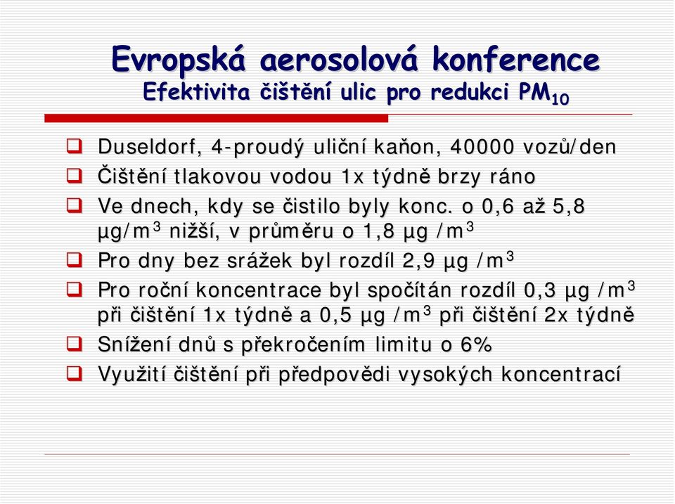 . o 0,6 aža 5,8 µg/m 3 nižší ší,, v průměru ru o 1,8 µg g /m 3 Pro dny bez srážek byl rozdíl l 2,9 µg g /m 3 Pro roční