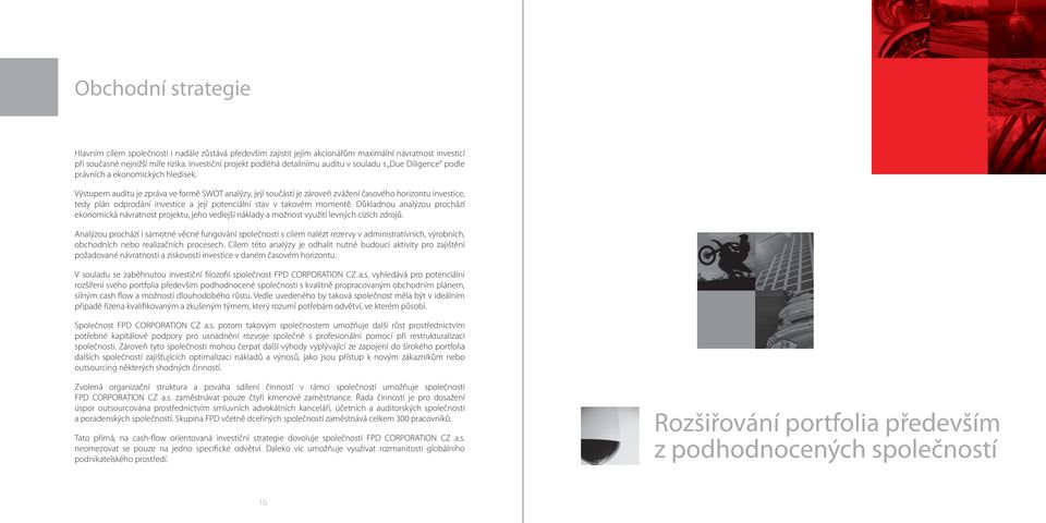 Výstupem auditu je zpráva ve formě SWOT analýzy, její součástí je zároveň zvážení časového horizontu investice, tedy plán odprodání investice a její potenciální stav v takovém momentě.