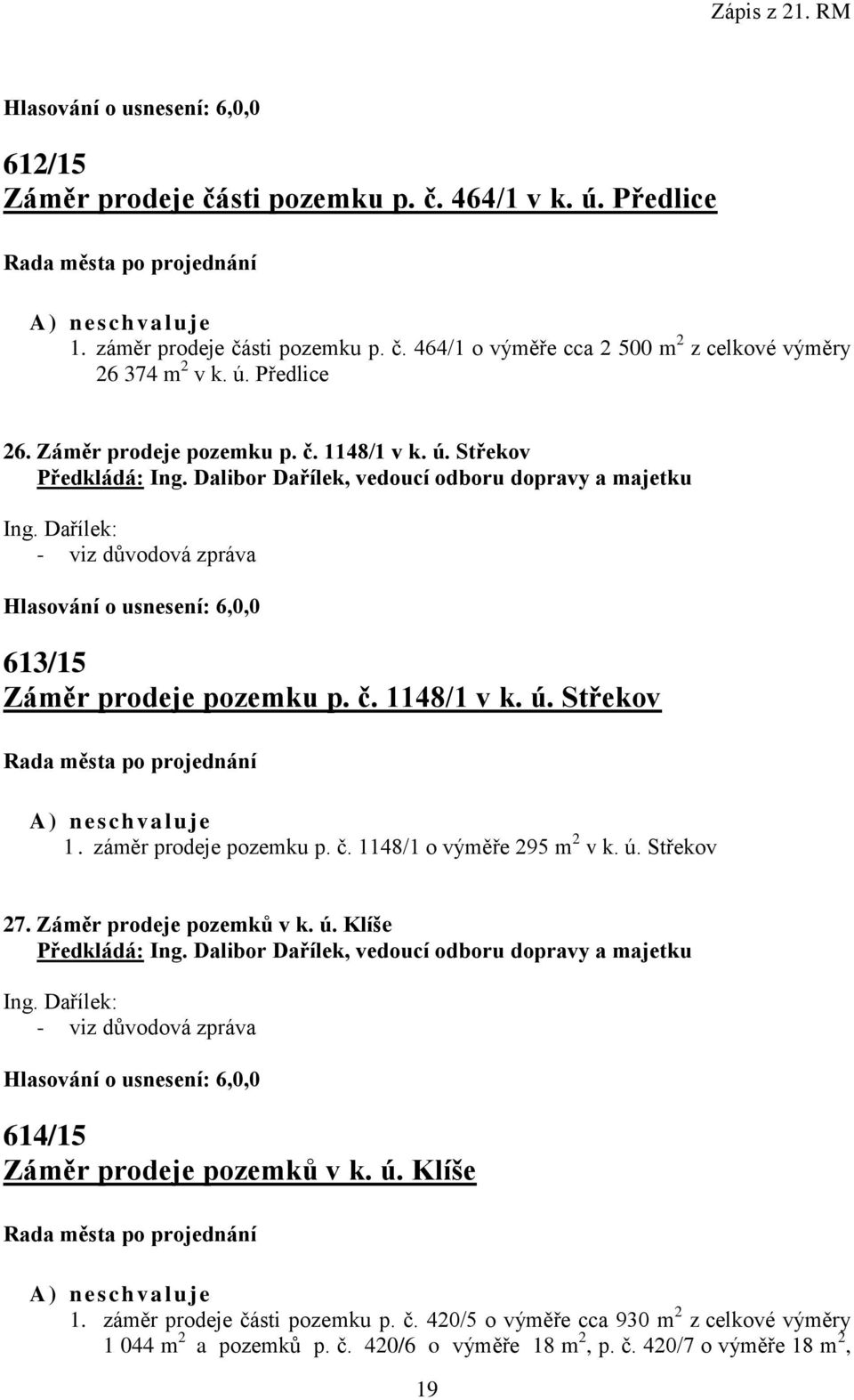 záměr prodeje pozemku p. č. 1148/1 o výměře 295 m 2 v k. ú. Střekov 27. Záměr prodeje pozemků v k. ú. Klíše 614/15 Záměr prodeje pozemků v k. ú. Klíše A) n es ch valuje 1.